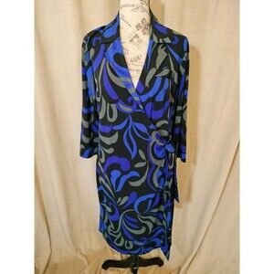 AB Studio Black V-Neck 3/4 Sleeve Wrap Dress w/Royal Blue & Gray Pattern. Sz XL